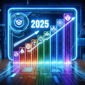 Design an image that represents the concept of future affiliate marketing trends. Display a futuristic digital billboard charting the top seven affiliate programs. Feature each program as a distinct bar rising upwards, each in a different vivid color. The bars are marked with generic logos and are in the process of being ranked. A holographic '2025' floats above as the chart illustrates growth and success in the affiliate marketing industry. Ideally, the image should convey a positive and optimistic vibe suggesting the progression and rich earning potential of digital affiliate marketing.